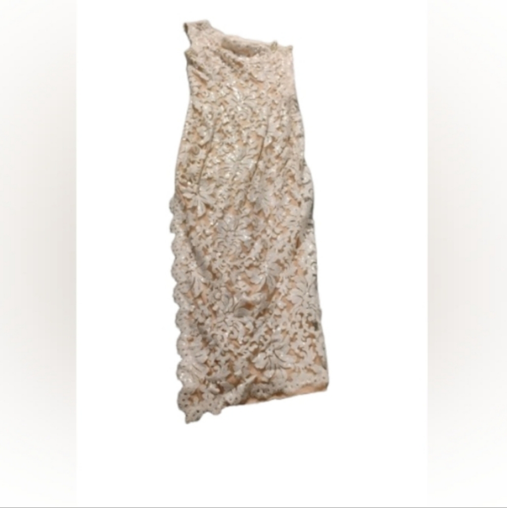 Tadashi Shoji White Sequined One Shoulder Evening Gown Sz 8